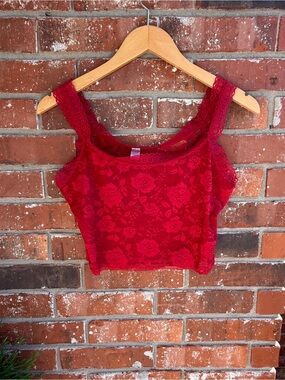 Deep Red Lace Floral Crop Tank Top